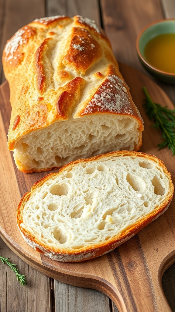 Artisan Homemade Bread Recipe A golden crusted artisan bread loaf on a wooden board with a slice revealing its airy crumb, accompanied by herbs and olive oil.